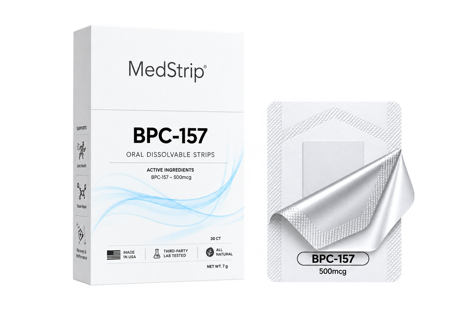 MedStrip BPC-157 oral dissolvable strip packaging — box and foil sachet